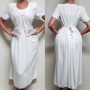 90s Vintage Stacey Tyler White Lace Half Vest Short Sleeve Tie-Waist Midi Dress